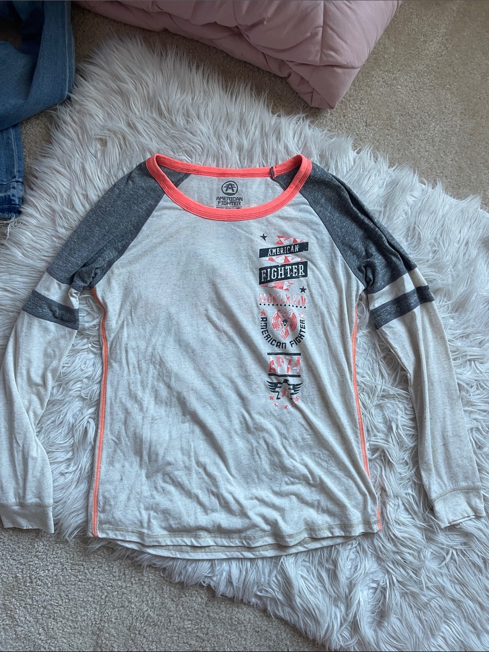 American Fighter Long Sleeve Raglan Tee with Coral Trim and Gray Sleeves